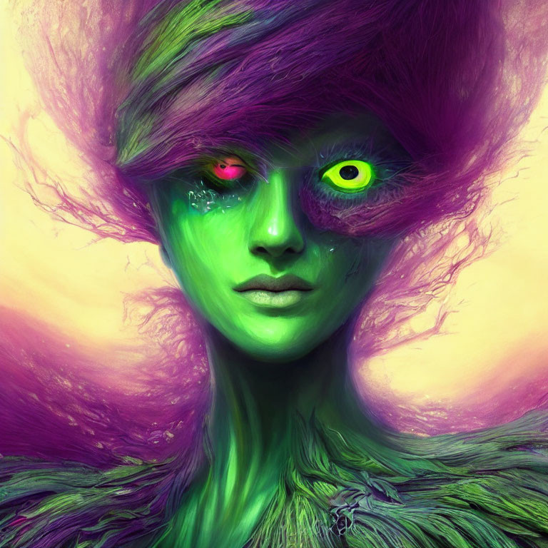 Digital Art: Character with Green Skin, Neon Eyes, Red Eye, and Purple Hair