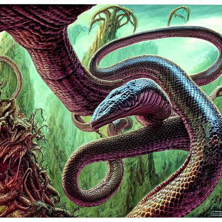 Giant serpent in lush jungle with vibrant scales