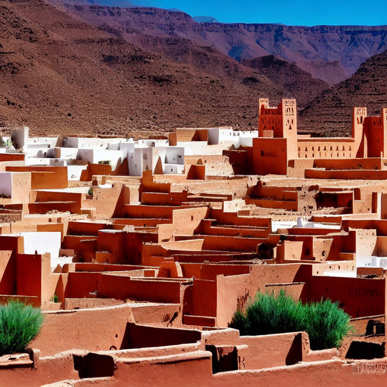 Traditional Moroccan Village with Red Clay Buildings and Fortress in Arid Mountains