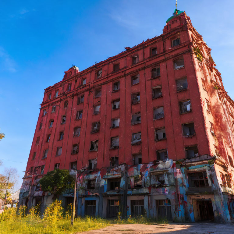 Abandoned red multi-story building with broken windows and graffiti.