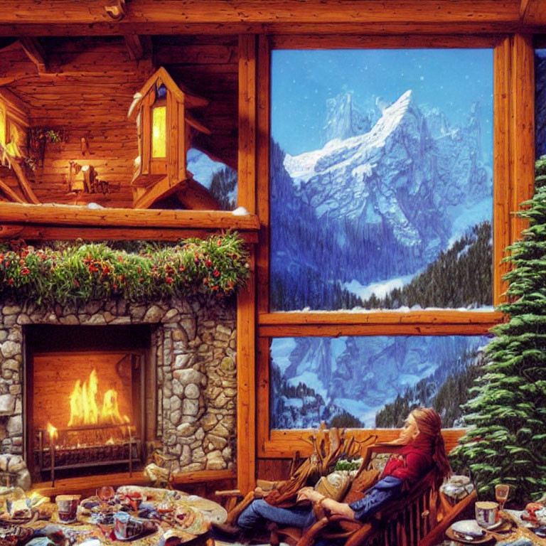 Warm Cabin Interior with Fireplace, Relaxing Person, Feast, and Snowy Mountain View