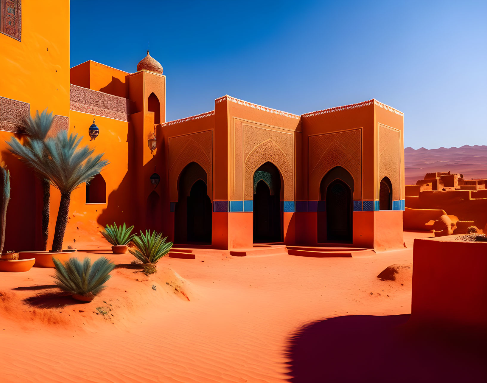 Moroccan-style Building with Arched Doorways in Desert Landscape