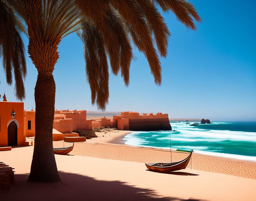 Tranquil beach scene with boat, palm tree, and fortress under clear blue sky