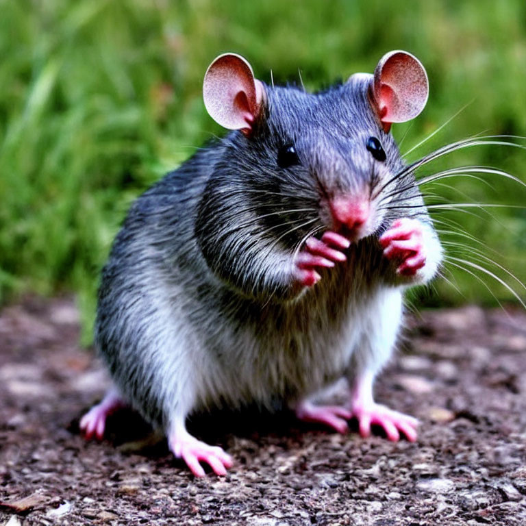 Grey Rat with Pink Ears Nibbling on Pebbles