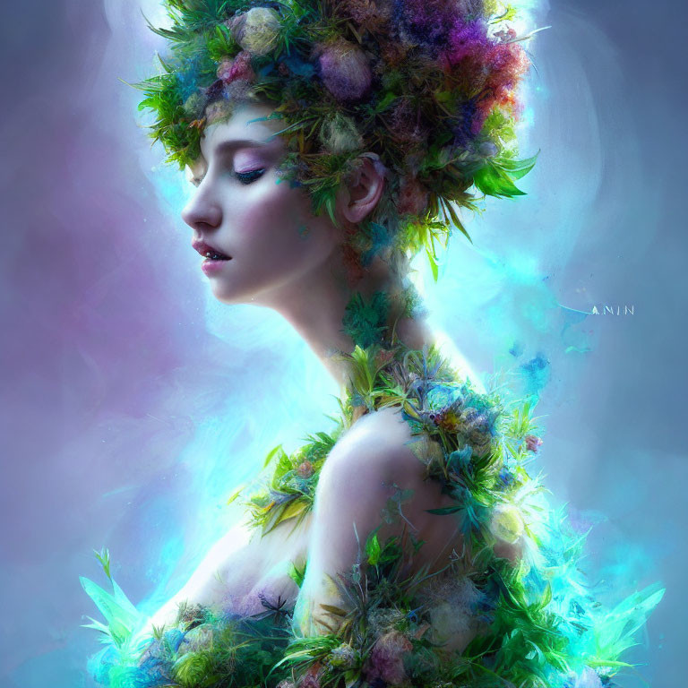 Woman with Vibrant Floral Headdress and Foliage in Serene Setting