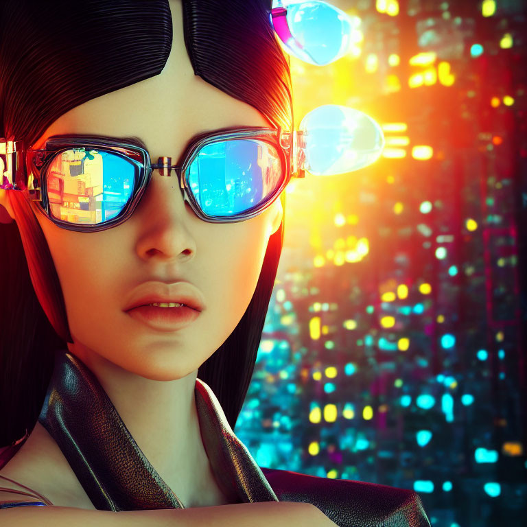 Stylized 3D-rendered female character in large reflective sunglasses against vibrant cyberpunk cityscape