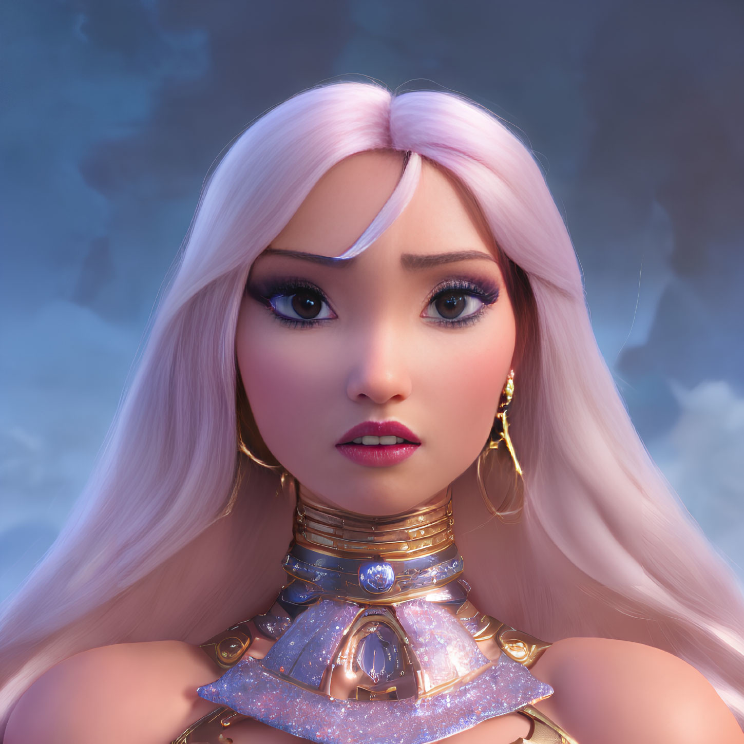 Stylized animated female character with platinum blonde hair and golden armor