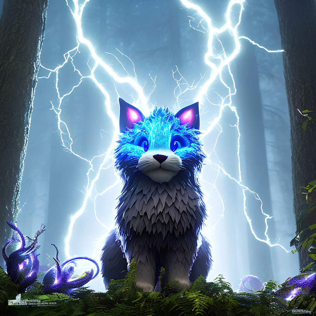 Blue-eyed fluffy cat in mystical forest with glowing accents & lightning