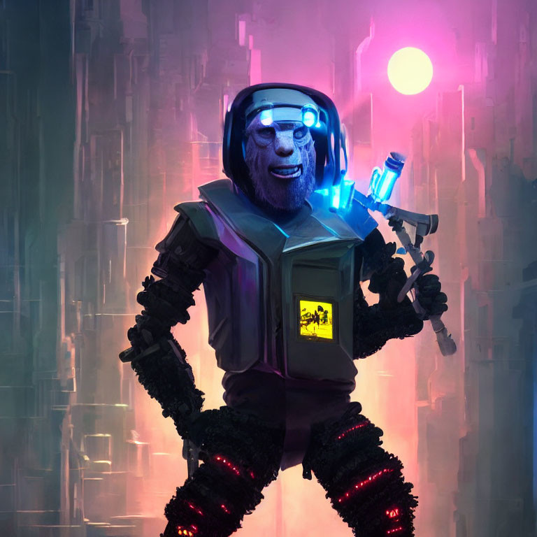 Futuristic gorilla in space suit with cityscape and pink sun