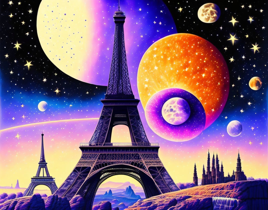 Colorful Eiffel Tower with oversized planets, moons, and stars in fantasy backdrop