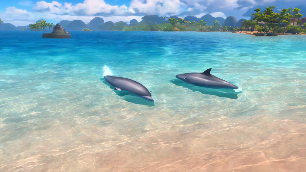 Dolphins swimming near shore in clear water with tropical islands.