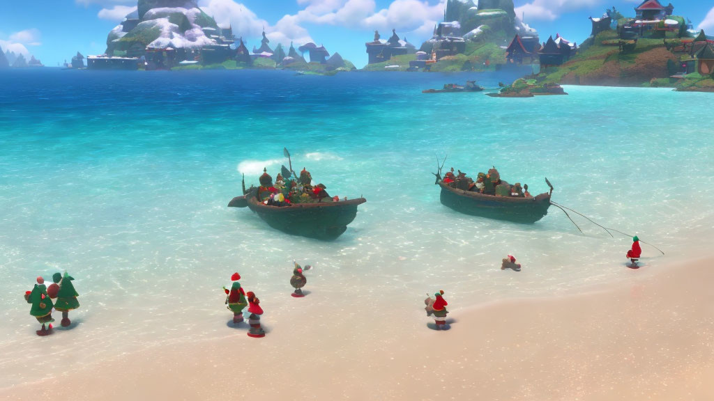 Animated elves in tropical setting with boats, snowy mountains, and village.