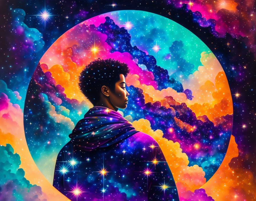 Silhouette of person with afro against cosmic backdrop in circular frame