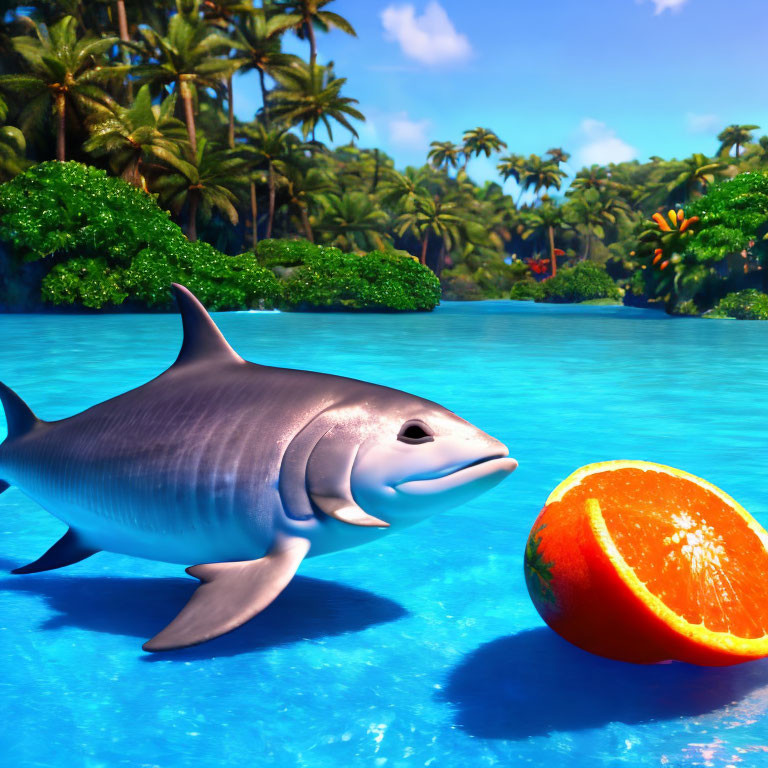 Smiling animated shark with sliced orange in tropical setting