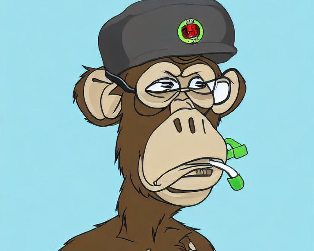 Monkey illustration wearing glasses and cap blowing green bubble gum on blue background