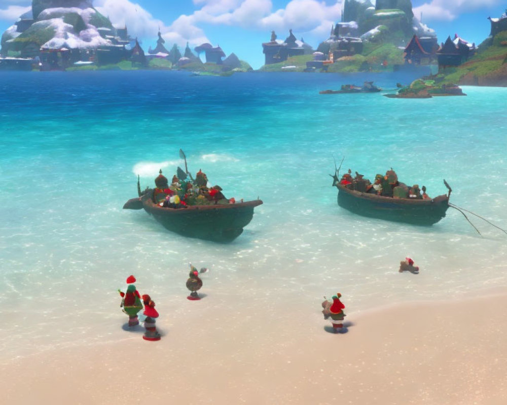 Animated elves in tropical setting with boats, snowy mountains, and village.