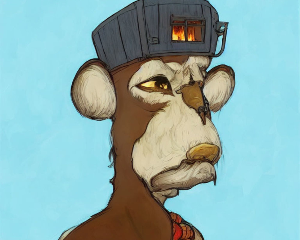 Mouse illustration with human-like features, cap with visor, and glowing bar, displaying contemplative expression