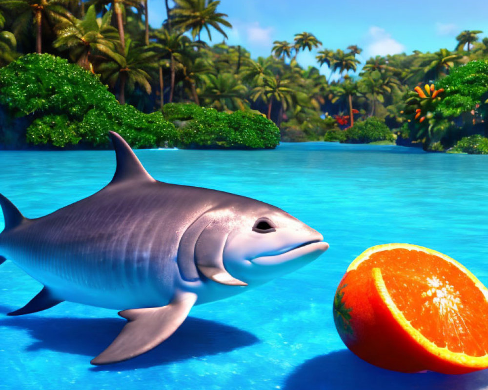 Smiling animated shark with sliced orange in tropical setting