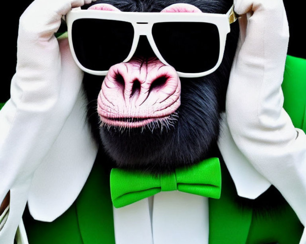 Stylish Monkey in Sunglasses and Green Outfit Adjusting Glasses