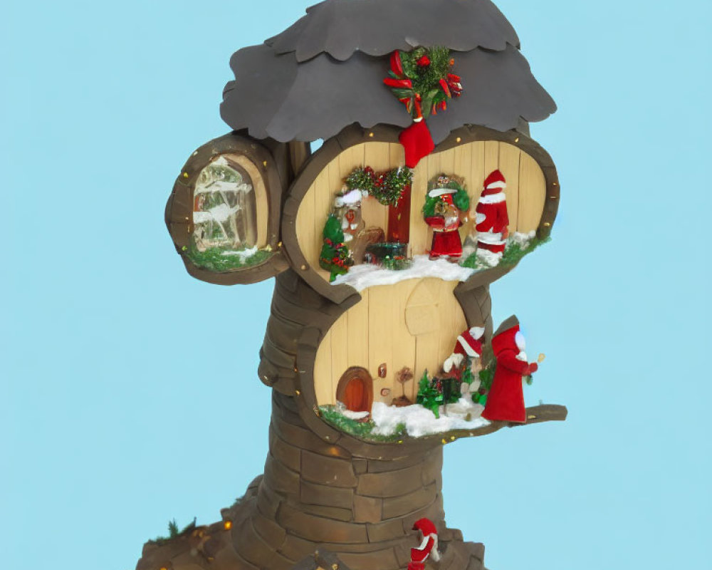 Festive Christmas treehouse decor with Santa figures and wreaths