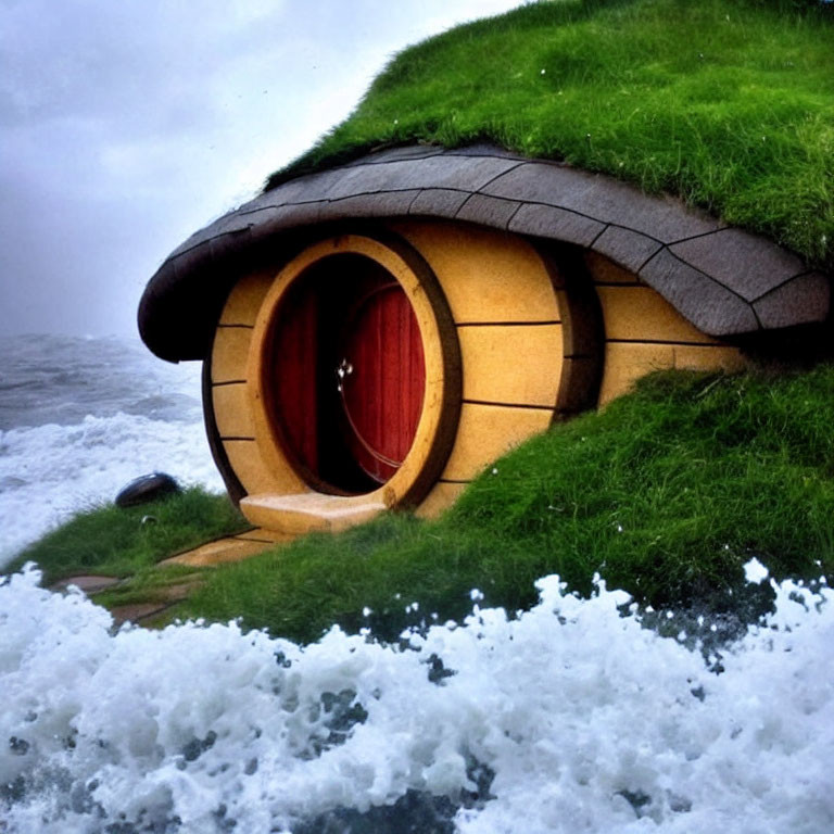 Round-door Hobbit-style house on lush hillside with ocean view