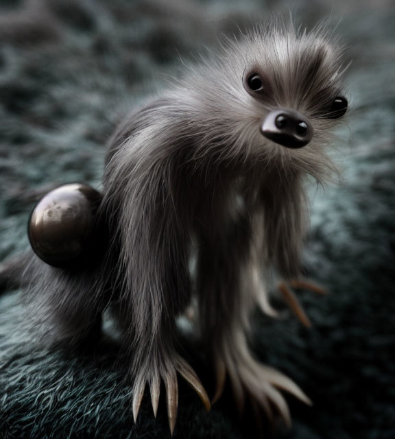 Fluffy gray kiwi-like creature with squirrel tail on textured surface