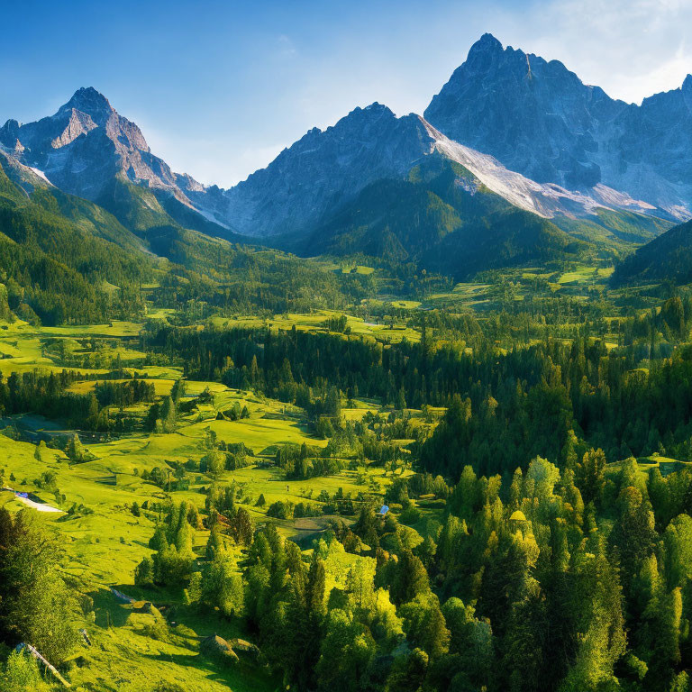 Scenic panoramic view of lush green valley and majestic mountain range