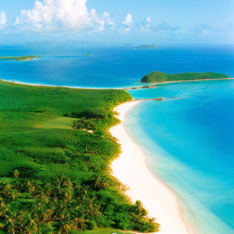 Tropical beach with turquoise waters, palm trees, and distant islands