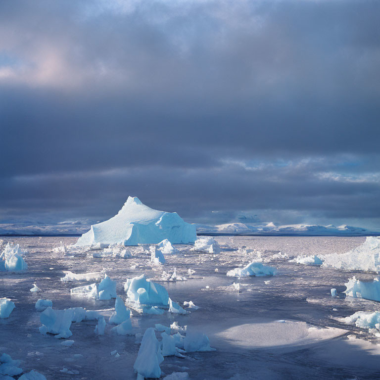 Tranquil Arctic landscape with large iceberg and floating ice pieces