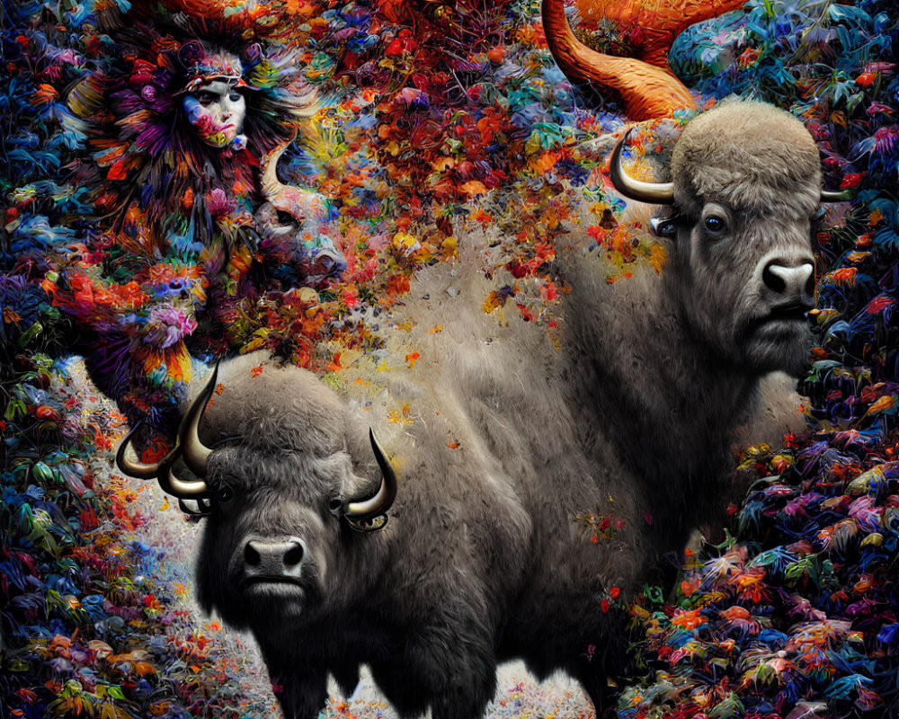 Colorful surreal artwork: Two bison in floral forest with mystical lion-like creature