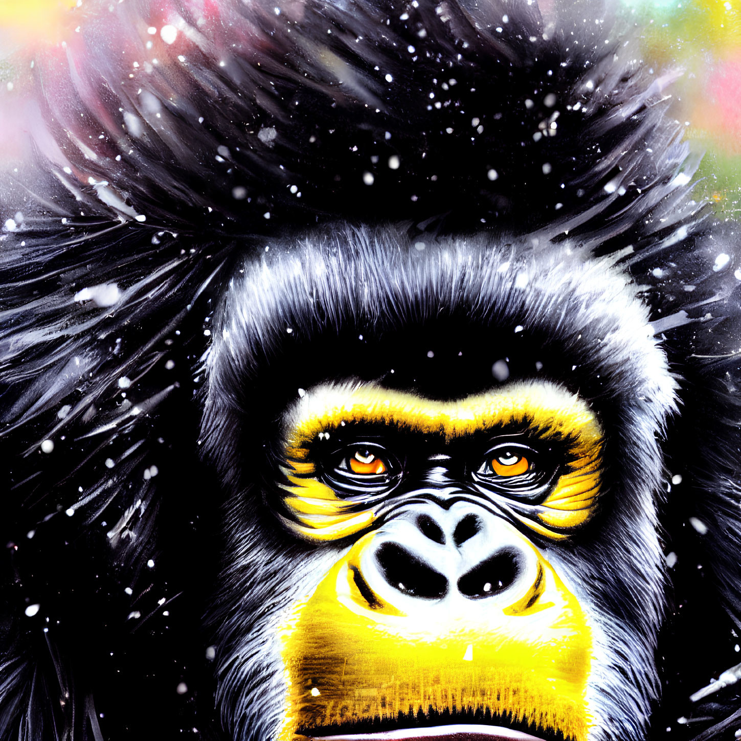 Detailed Gorilla Face Illustration with Yellow Eyes on Swirling Background