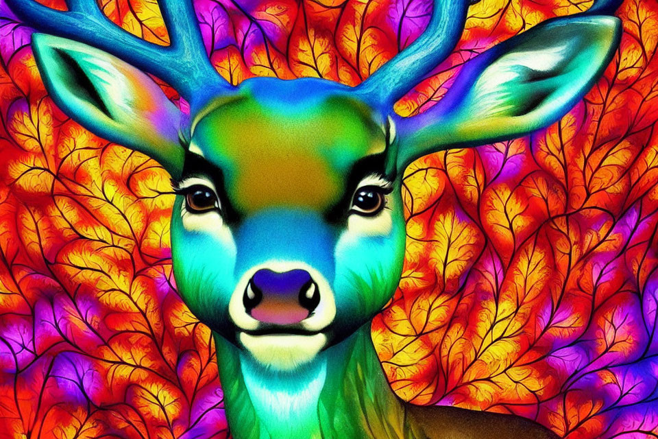 Colorful Deer Illustration with Glowing Eyes and Multicolored Face