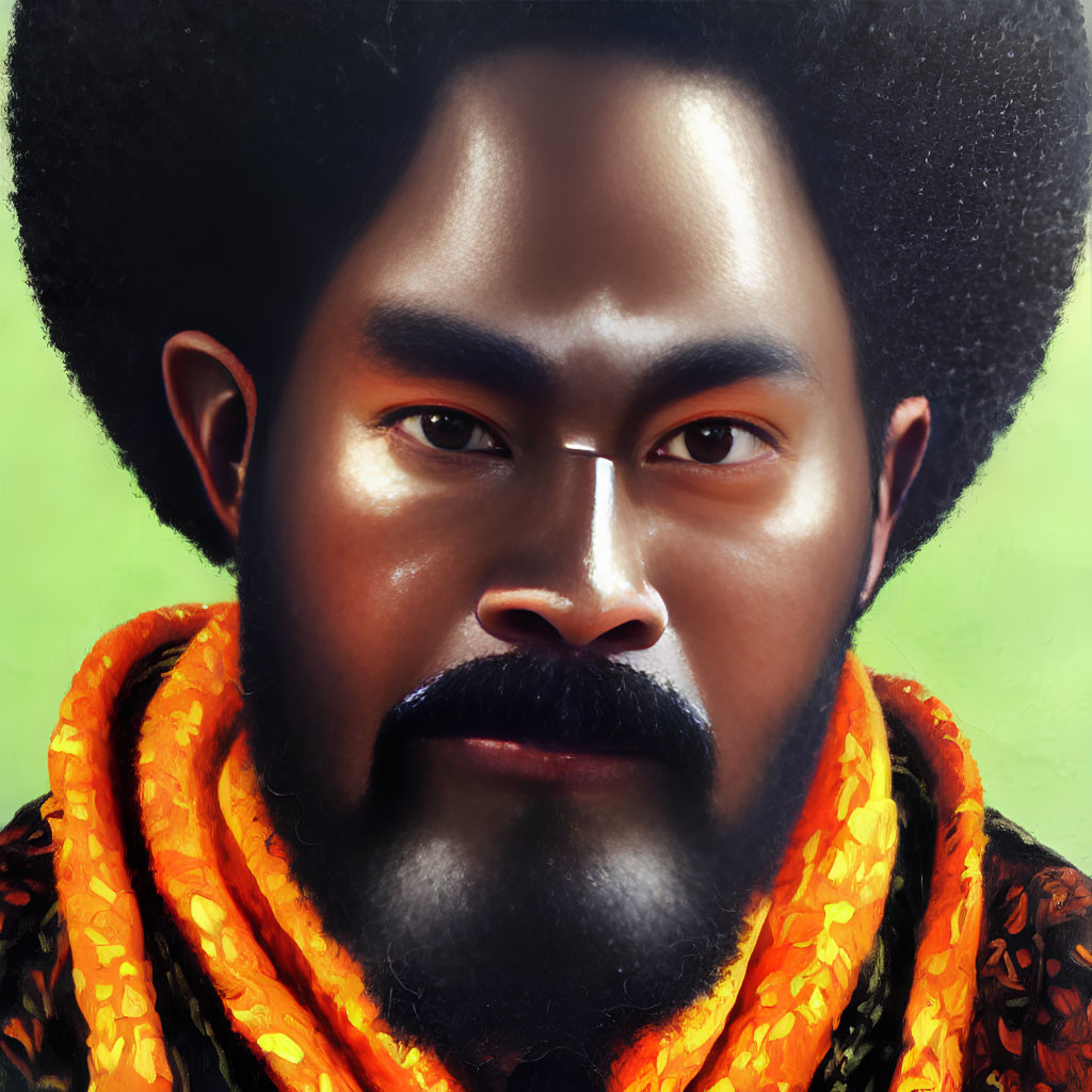 Portrait of man with full beard and afro, wearing orange scarf and patterned shirt.