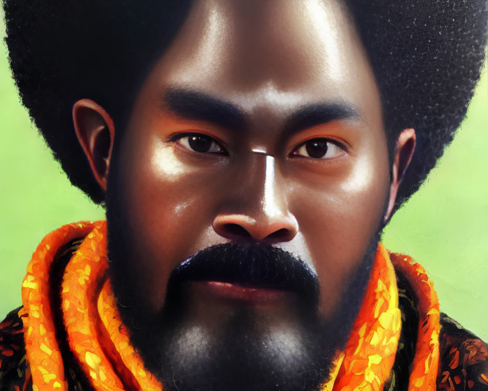 Portrait of man with full beard and afro, wearing orange scarf and patterned shirt.