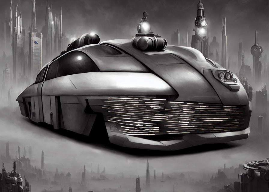 Sleek metallic train in futuristic cityscape with skyscrapers