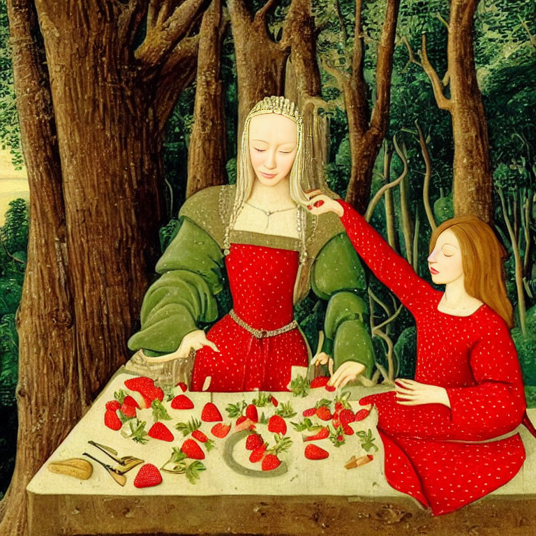 Medieval women in red dresses with strawberries on table in forest