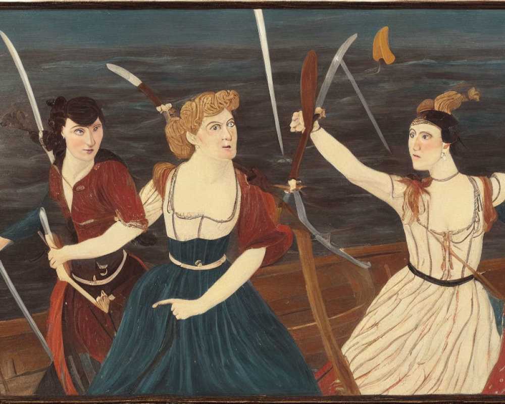 Vintage Illustration: Four Women in Historical Dresses with Swords in Maritime Setting