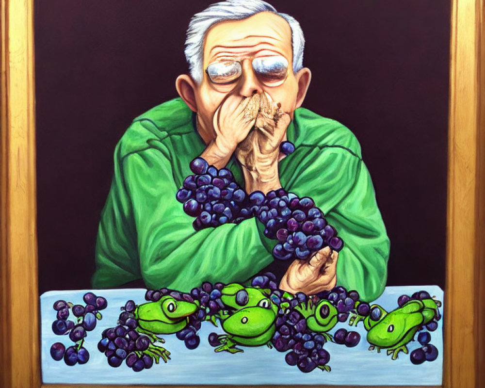 Elderly man imitates frogs with grapes on table