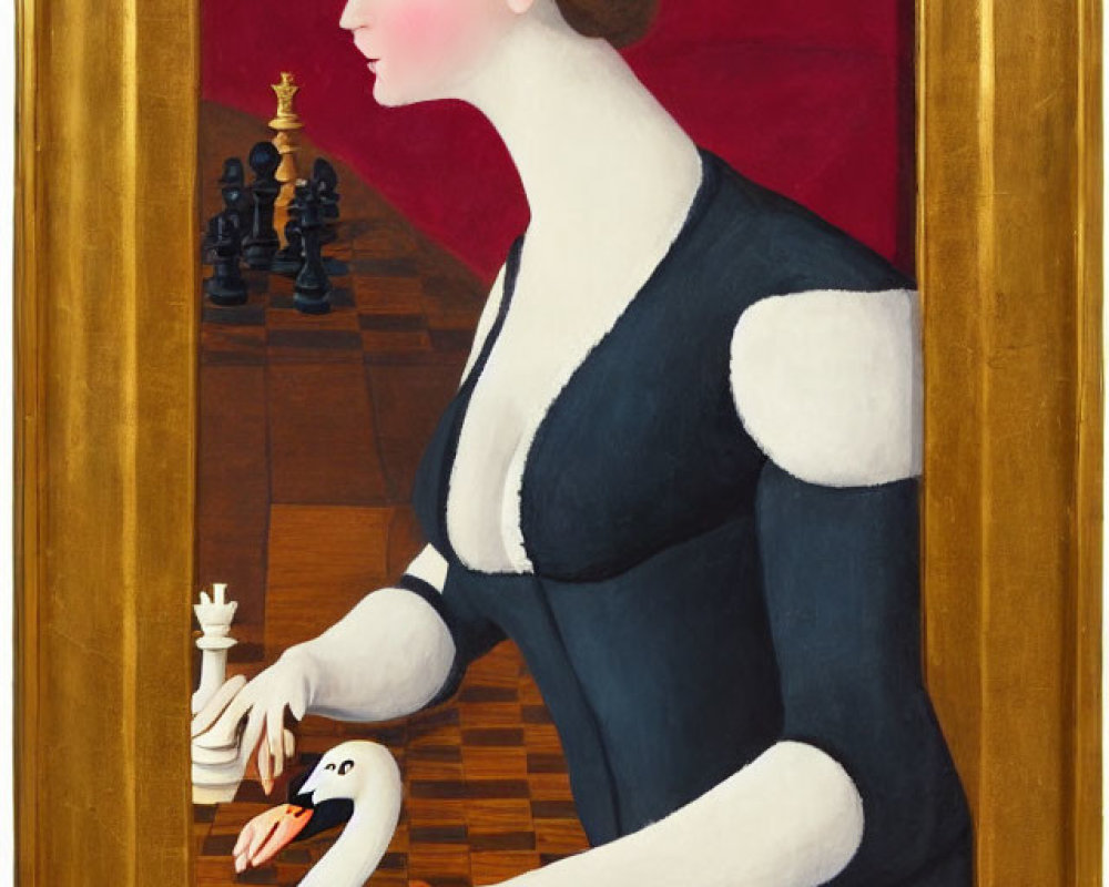 Woman in black dress with white collar playing chess with swan on golden-framed canvas