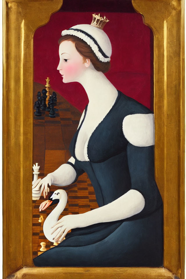 Woman in black dress with white collar playing chess with swan on golden-framed canvas