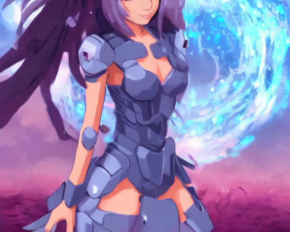 Purple-Haired Female Anime Character in Futuristic Armor with Glowing Blue Energy Sphere