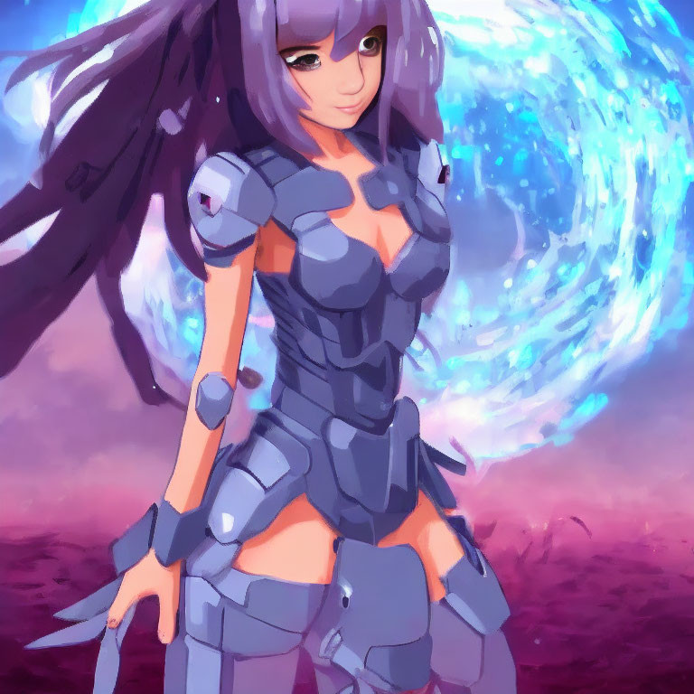 Purple-Haired Female Anime Character in Futuristic Armor with Glowing Blue Energy Sphere