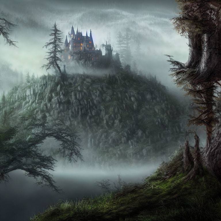 Misty Gothic Castle on Hill in Dark Forest