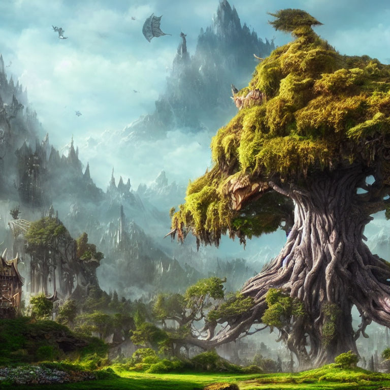 Fantasy landscape with giant tree, mountains, greenery, and flying dragon