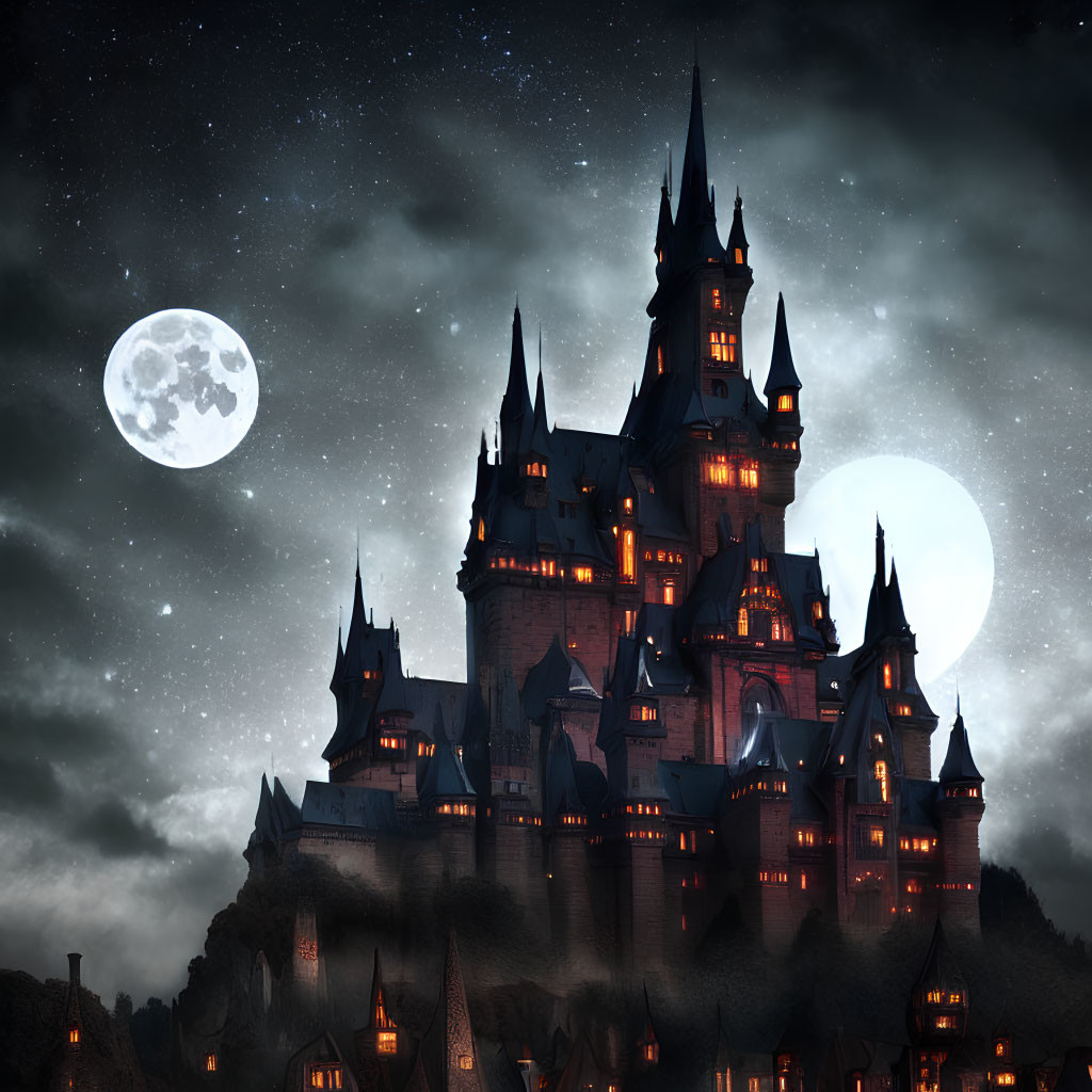 Majestic castle under starry night sky with full moon.