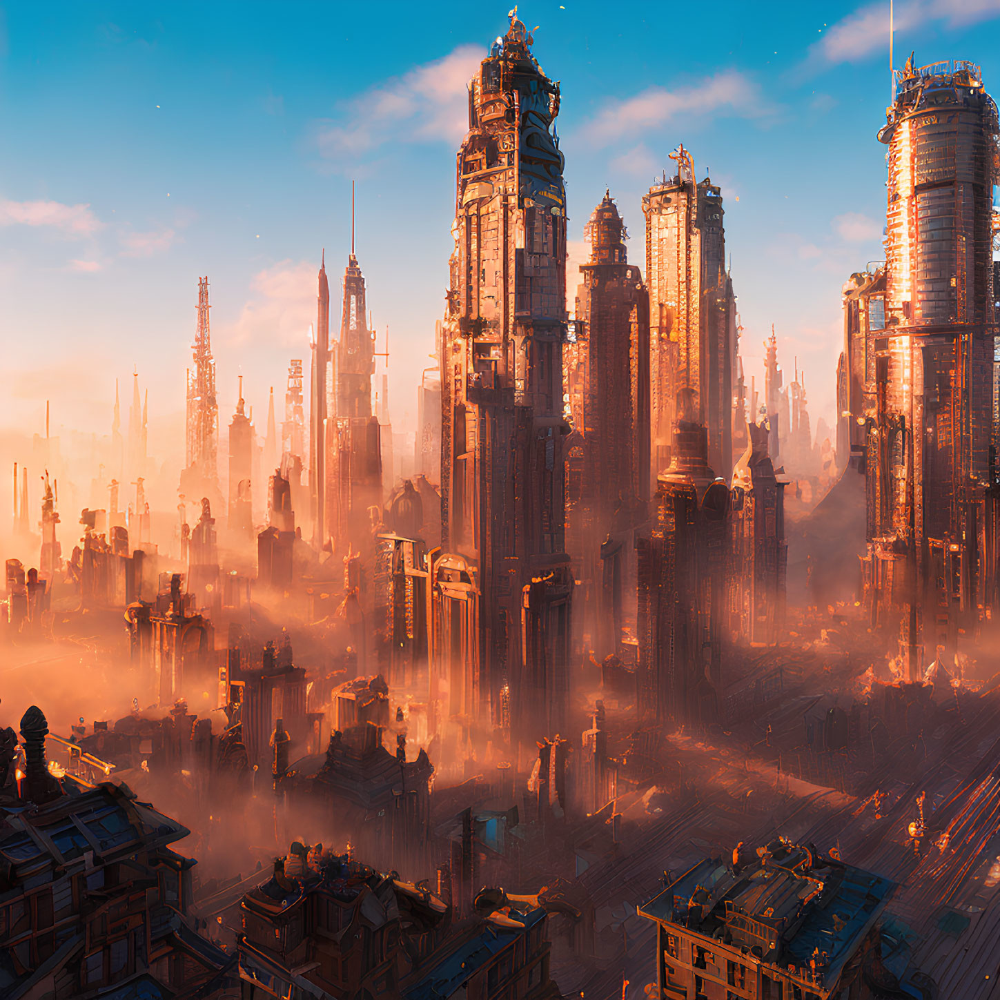 Futuristic sunrise scene with skyscrapers and flying vehicles