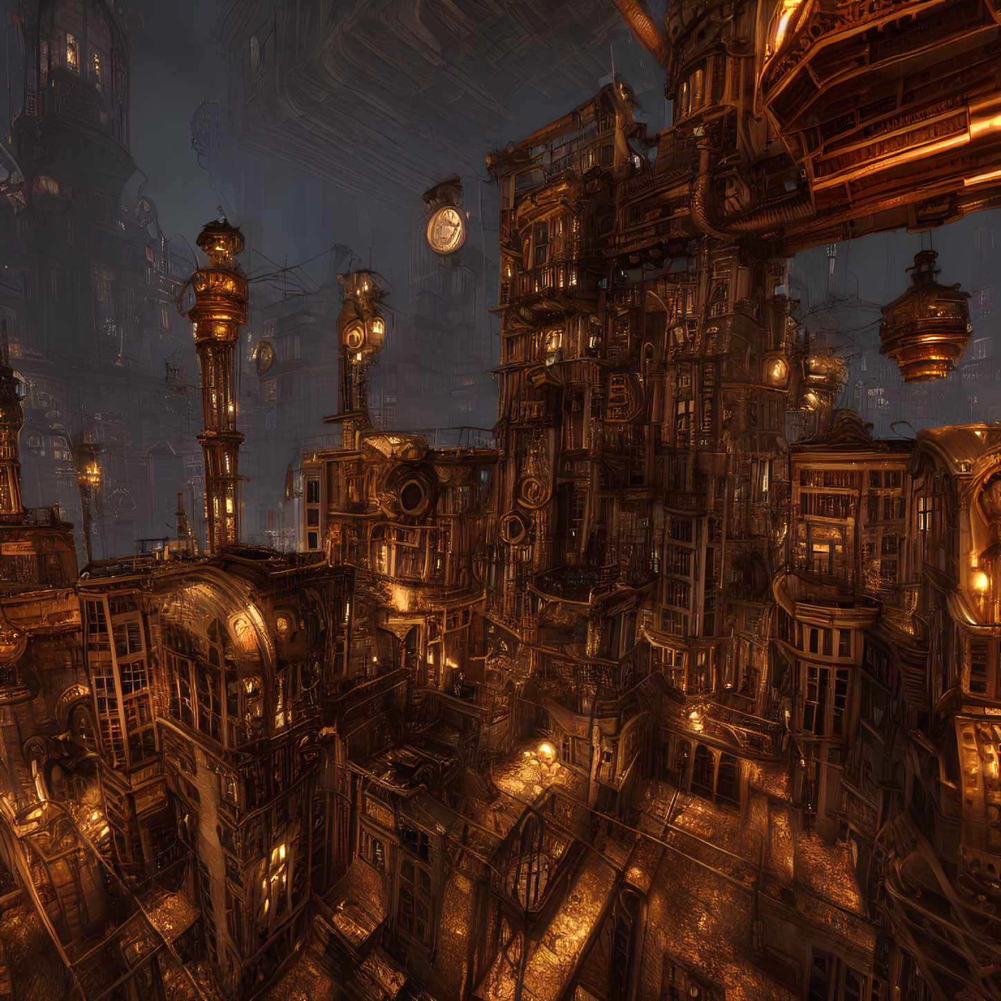 Detailed steampunk cityscape with glowing windows and large gears at night