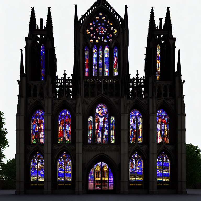 Gothic Cathedral Facade with Tracery and Stained Glass Windows