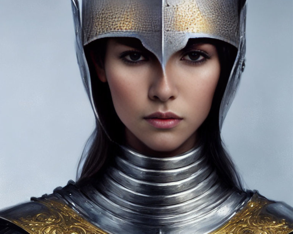 Medieval-style helmet and ornate armor on stern-faced woman