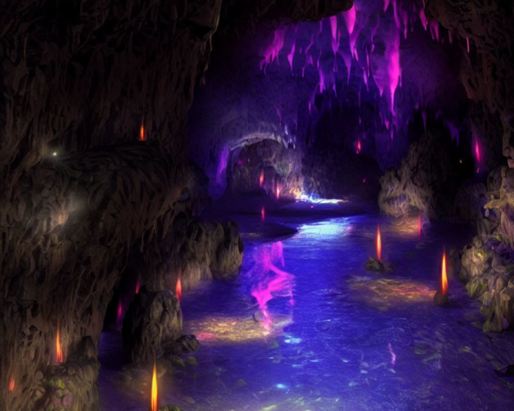 Mystical cave with purple and pink lights, blue water, rocks, and crystals